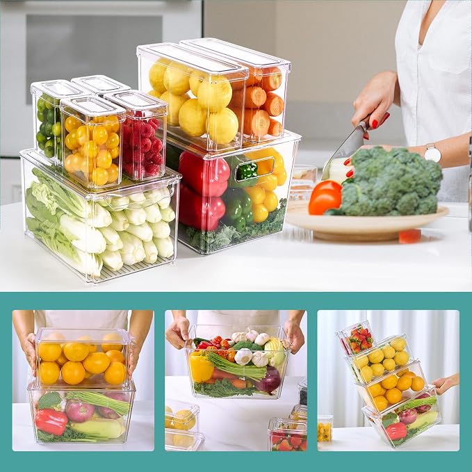 MUCHII 8 Pack Fridge Organizers, Clear Stackable Organizer Bins with Lids | Clear Plastic Stackable with Lids,Pantry Kitchen Organization,Fruit Veggie Produce,Soda Can,Meat Cheese Yogurt,Fridge - Image 8