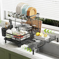 2-Tier Expandable Dish Drying Rack for Kitchen Counter, Black | Large Capacity Dish Rack Organization, Heavy-Duty Carbon Steel, 17 lbs Capacity, Swivel Drain Spout & Cup Hooks by Nfnoyp