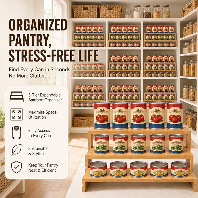 Expandable Bamboo Can Organizers and Storage Rack for Pantry Cabinets 2 Set | 100% Natural Bamboo,Expandable 3 Ties,Adjustable Depth for Pantry Cabinets,s sets,Spice Rack and Canned Food Organizer - Image 4