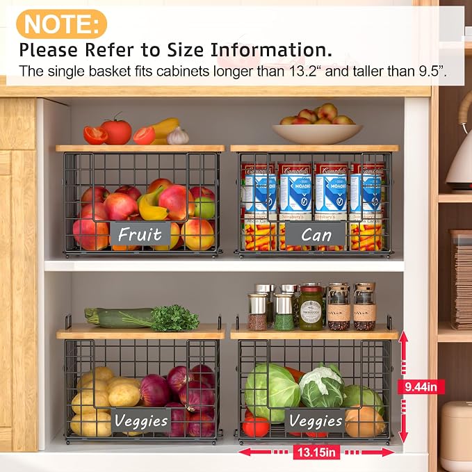 2-Pack Stackable Wire Baskets with 2 Pads & Bamboo Top, Pantry Organizer | Potato and Onion Storage Bin with Labels, Organize Produce/Fruit/Vegetable on Kitchen Counter, Cabinet or Under Sink, XL - Image 7