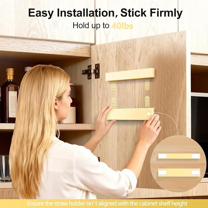 9.5” Large Acrylic Straw Holder for Cabinet Door, Adjustable Two-Part | Reusable Straws Organizer with Ultra Sticky Adhesive Strips, 2026 Straw Storage for Kitchen Cupboard (Milky Yellow) - Image 7