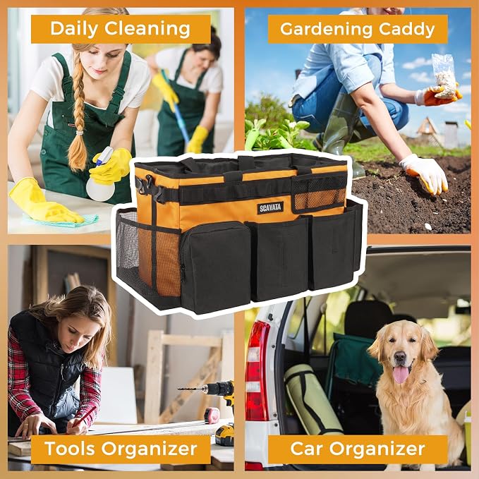 SCAVATA Wearable Cleaning Caddy Bag, Cleaning Caddy Supplies Organizer with Handle & Shoulder Straps for Housekeepers, Under Sink & Car Cleaning Tool Organizers with 4 Foldable Divider (Orange) - Image 7