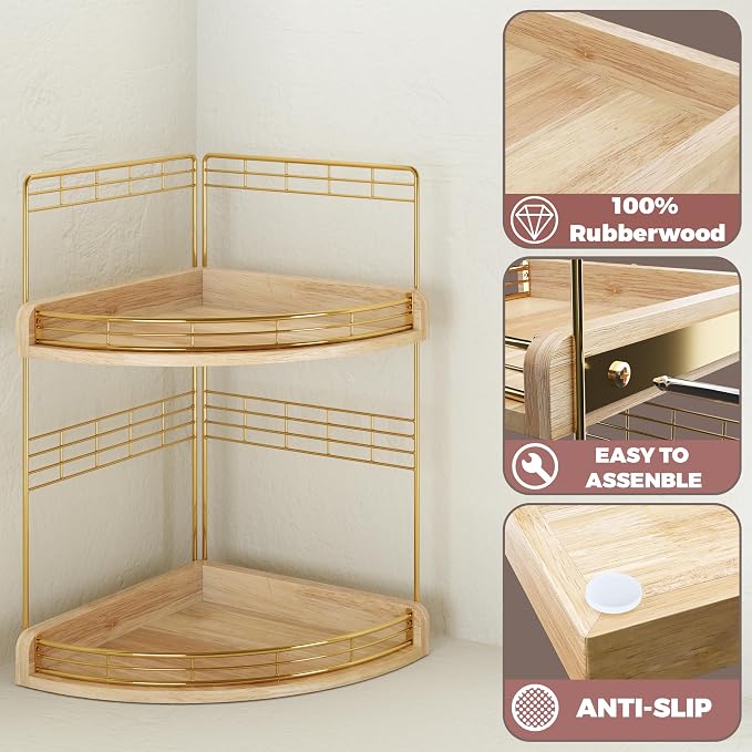 Bathroom Countertop Corner Organizer for Small Spaces, 2-Tier Counter Shelf | Oak Wood & Iron Counter Shelf for Sink & Vanity Corners, Skincare, Toiletries, Space-Saving, Compact Vertical Storage Natural - Image 3