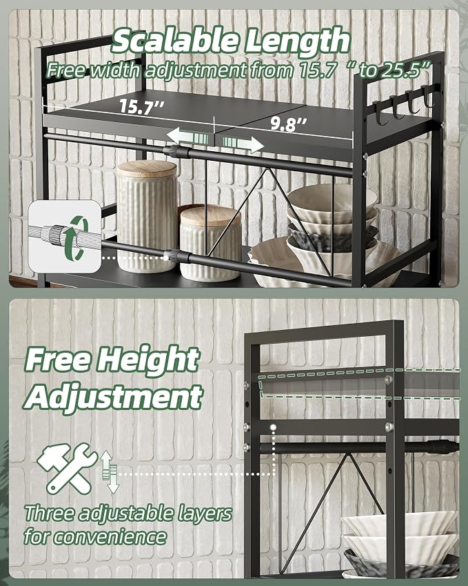 3 Tier Expandable Microwave Stand countertop,Microwave Oven Rack | microwave shelf, storage shelf for pans &appliances,with Paper Towel Holder and Baskets，55 Lbs load Per Tier,Black - Image 7
