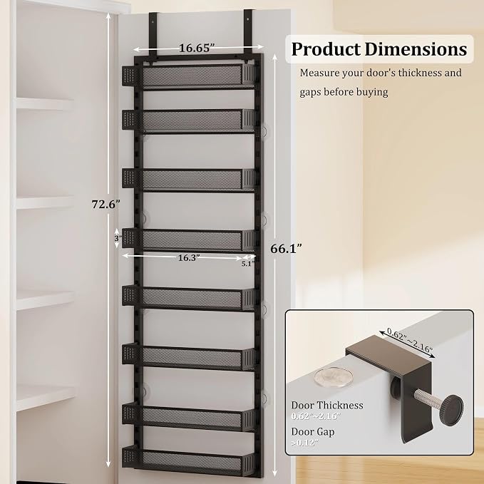 8-Tier Over the Door Pantry Organizer with Adjustable Baskets | Over the Door Spice Rack, Wall-Mounted or Hanging Shelves for Kitchen, Laundry Room, Bathroom(Black,16.65"W x 5.2"D x 72.6"H) - Image 2