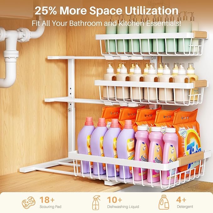 PXRACK Under Sink Organizer, 1-Pack 3-Tier Height Adjustable Thickened Metal Pull out Cabinet Organizer Shelf, Slide out Storage Drawer Rack for Bathroom Kitchen Pantry Home Organization, White - Image 4