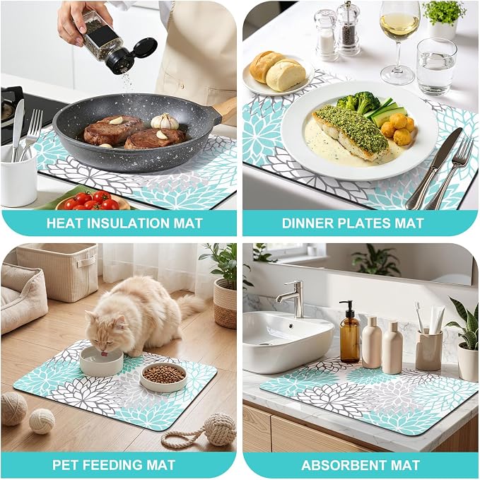 Findosom 2PCS 16" x 24" Dish Drying Mat & 24" x 5.5" Sink Splash Guard, Super Absorbent & Cuttable Dish Mat Drying Kitchen Mat with Teal Floral, Hide Stain Drying Mat for Kitchen Counter - Image 9