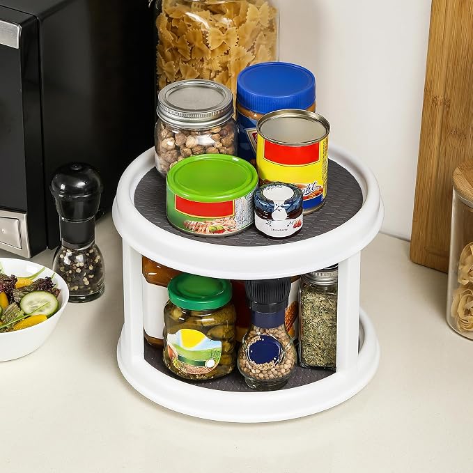 2 Tier 10" Turntable Lazy Susan Spice Organizer - Rotating Seasoning Rack for Pantry Cabinet Kitchen Countertop, Table Top Organizing - Multiuse Two Tier Rotating Organization Rack Spinner - Image 7