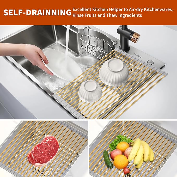 Golden Roll-UP Dish Drying Rack-Large Stainless Steel Dish Drainer Over The Sink for Kitchen Countertop, Applicable for Sink Width Less Than 16.5in (Gold,17.8'x 13.2') - Image 3