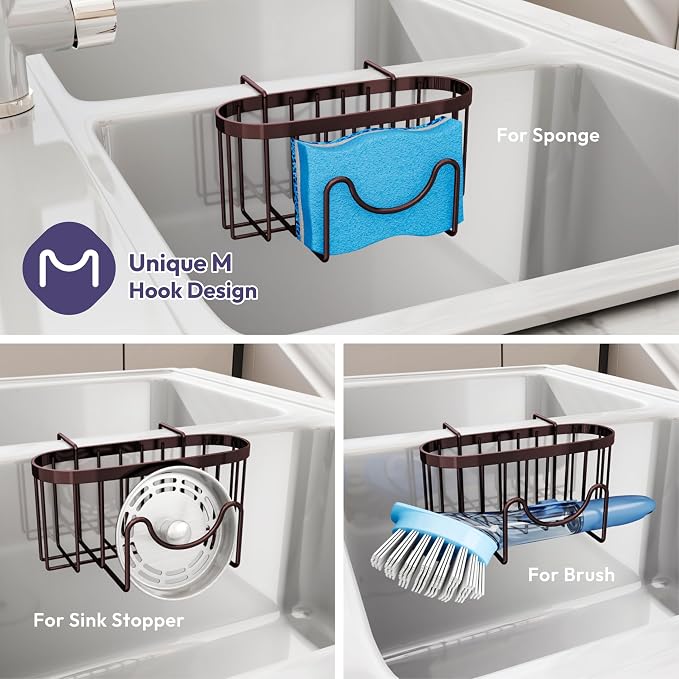 SWTYMIKI Sponge Holder for Kitchen Sink - Movable Kitchen Sink Caddy with M Shape Hook, Stainless Steel Hanging Sponge Caddy for Dish Sponge, Brush, Stopper Organizer in Double Bowl Sink, Bronze - Image 3
