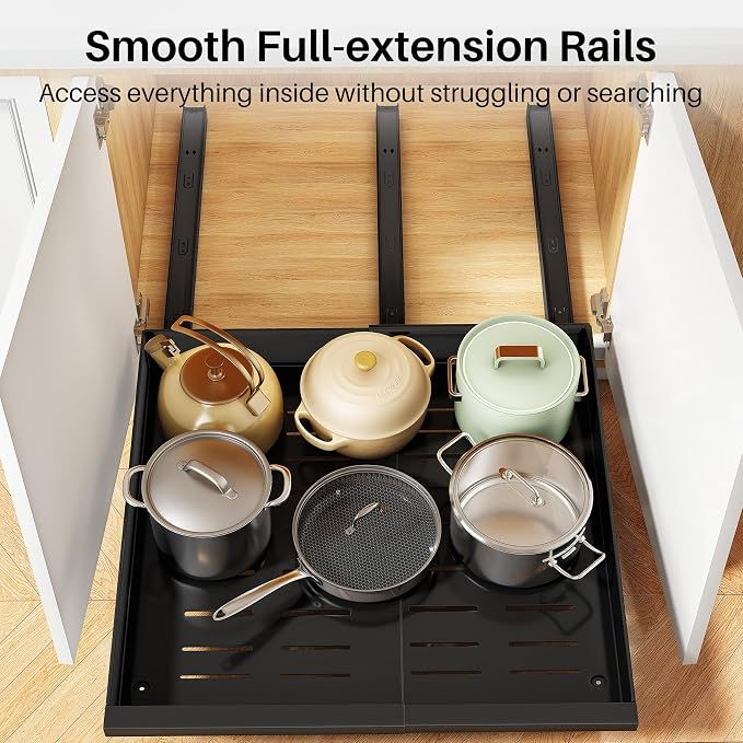 Pull out Cabinet Organizer, 4-Pack Expandable(13.6"-24") Silde out Drawers with Raising Pad for Framed Cabinets, Adjustable Full-Extension Roll out Shelves for Kitchen Pantry Home Pot and Pan(Black) - Image 5