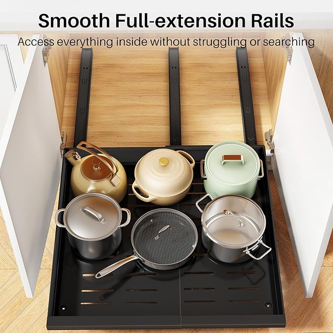 Pull out Cabinet Organizer, 1-Pack Expandable(13.6"-24") Silde out Drawers with Raising Pad for Framed Cabinets, Adjustable Full-Extension Adhesive Roll out Shelves for Kitchen Pantry Home Pot and Pan - Image 5