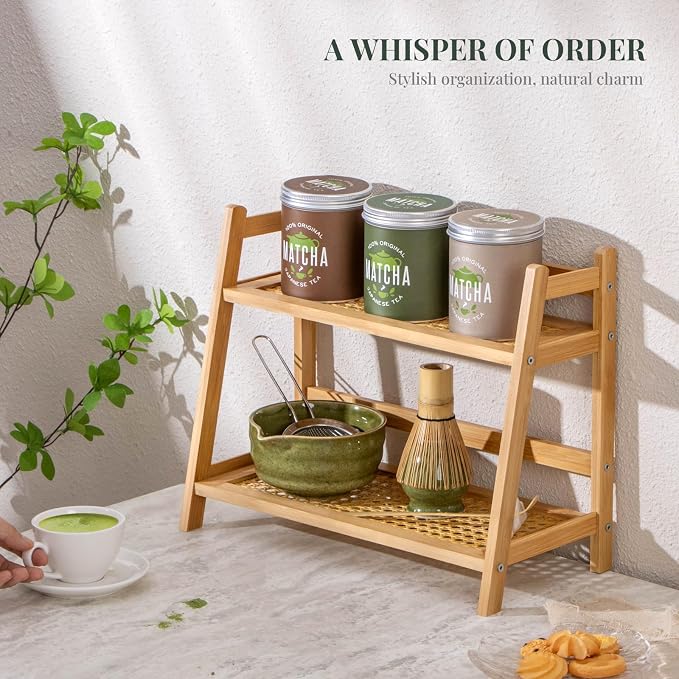 ANBOXIT Matcha Station Organizer, Countertop Bamboo Coffee & Tea Station | Rattan-Look 2 Tier Mug Holder Display Stand for Kitchen Condiment, Coffee Accessories, Home, Office - Image 3