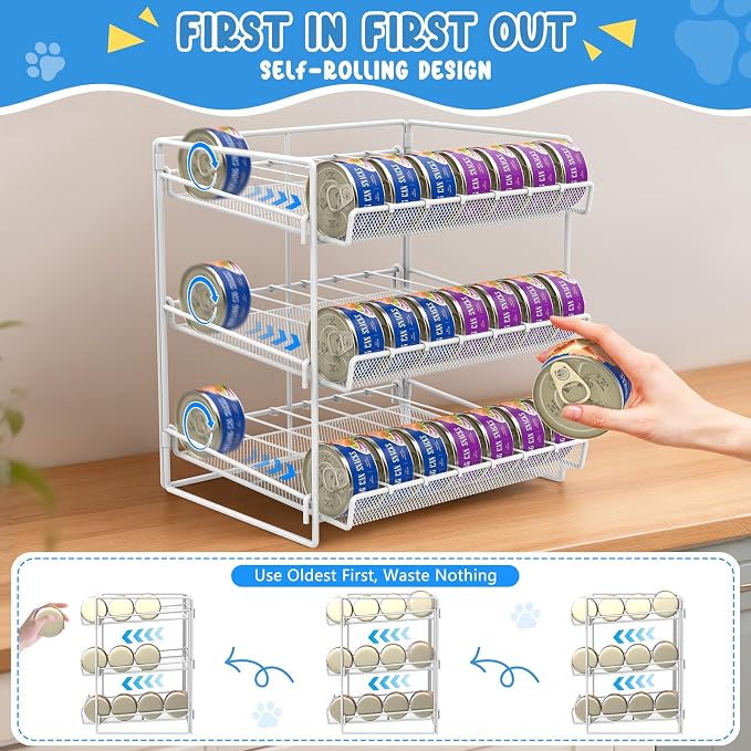 Cat Food Can Organizer 3-Tier Can Organizer for Pantry 84 Cans 3.5oz | White metal 3-tier cat food can organizer,Holds 84 cans 3.5oz,Adjustable pantry countertop storage for kitchen cabinet - Image 3