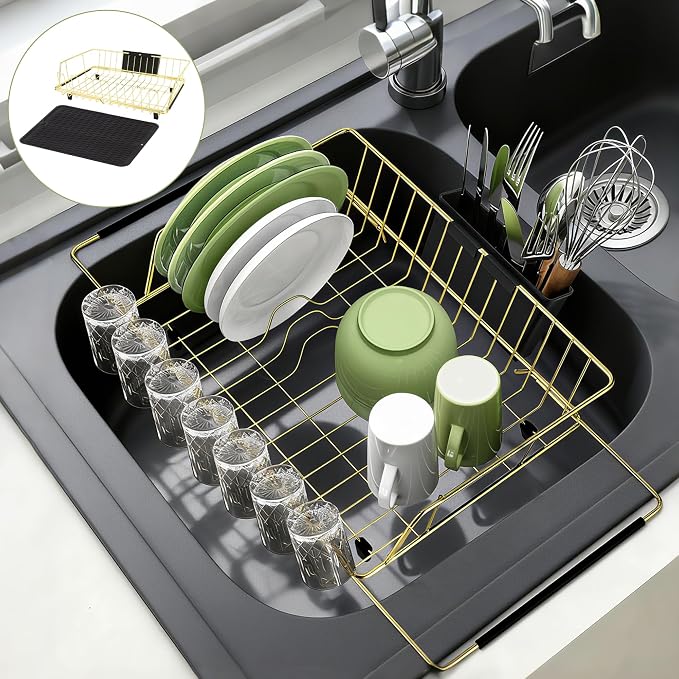Golden Expandable Dish Drying Rack-Extra Large Stainless Steel Dish Drainer Over The Sink for Kitchen Countertop with Utensil Holder, Applicable for Sink Width 16'-22' (Gold,23.2'*12.2') by HAYAWEY