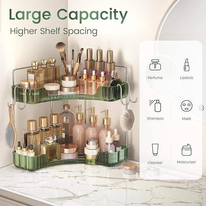 Corner Counter Organizer, 2-Tier Bathroom & Kitchen Storage Tray | PET Green Vanity Organizer Storage Countertop with Hooks for Skincare, Makeup & Jewelry - Image 4