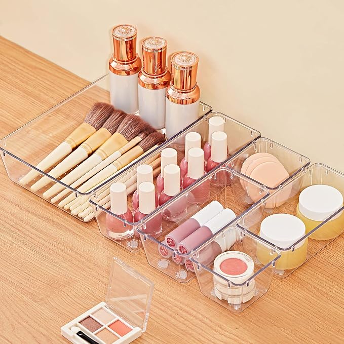 SMARTAKE 28 Piece Drawer Organizers with Non-Slip Silicone Pads, 4-Size | Clear Desk Bathroom Drawer Organizer Trays Storage Tray for Makeup, Jewelry, Utensils in Bedroom Dresser, Office and Kitchen - Image 2