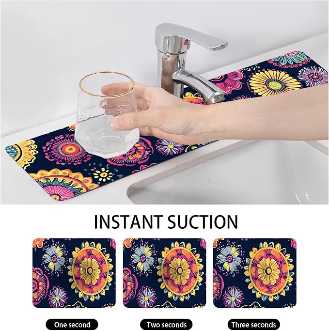 Bimkole 2 PCS Faucet Absorbent Mat, Kitchen Faucet Sink Splash Guard Wraparound Cloth Pads Drip Catcher for Sink Faucet for Kitchen Bathroom Faucet, Colorful Faucet Mat, 15 x 4 Inch Flower A6 - Image 4