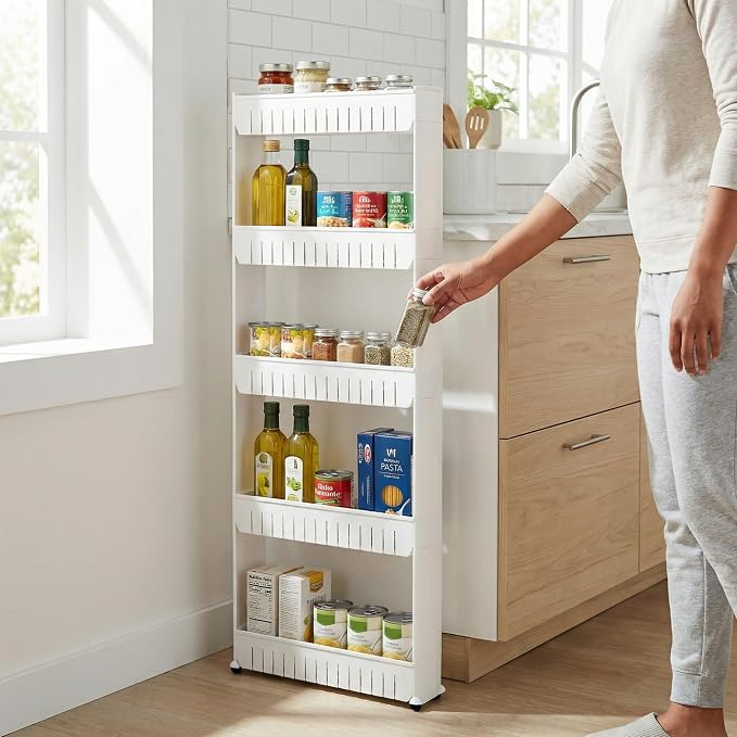 Slim Rolling Storage Cart - 5-Tier Utility Cart with Wheels for Bathroom, Kitchen, and Laundry Room - Bathroom Shelves by Lavish Home (White) - Image 2