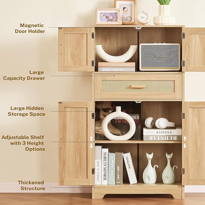 47.2" H Tall Storage Cabinet with Adjustable Shelf, Rattan Cabinet, Cupboard for Living Room, Dining Room, Entryway, Home Office, Natural - Image 4