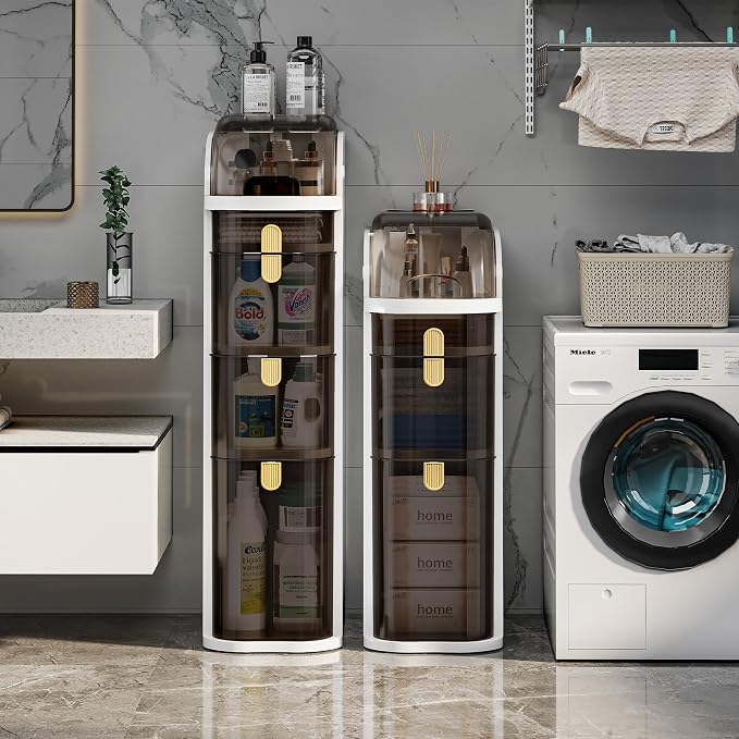 4-Tiers Slim Bathroom Storage Cabinet with Drawers & Tissue Box | Plastic Narrow Rolling Bathroom Tower Cart Waterproof & No Installation for Small Spaces Kitchen Laundry Living Room - Image 5