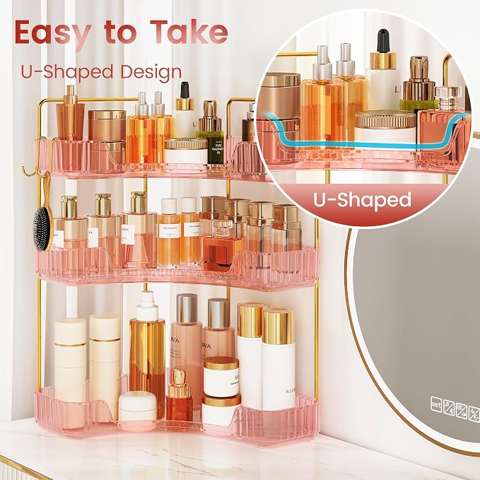 Corner Bathroom Counter Organizer 3-Tier Bathroom Organizer | Storage Countertop with Hooks Perfume Organizers Storage Shelf for Makeup & Skincare Dresser-Pink - Image 4
