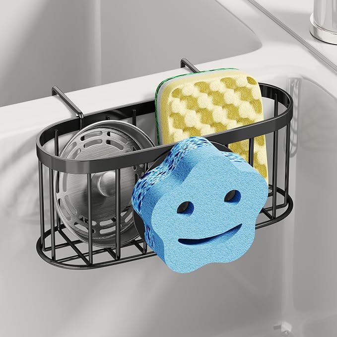 SWTYMIKI Sponge Holder for Kitchen Sink - Movable Sink Caddy with Smiley Face Sponge Holder, Rustproof Hanging Sponge Organizer in Double Bowl Sinks Depth>3.15in, Middle Divider<1.5in, Black by SwtyMiki-TidyHomeSweetLife