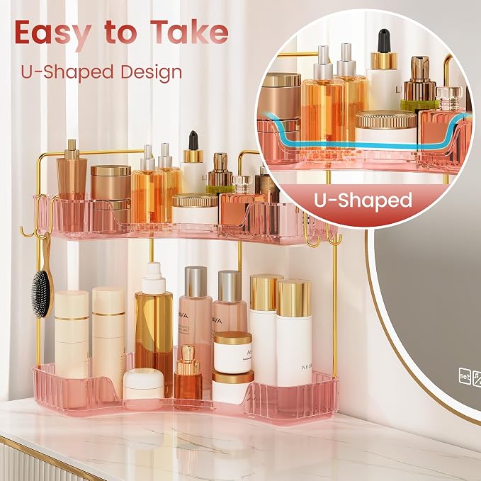 Delicate Pink 2-Tier Corner Counter Organizer Bathroom Organizers | Kitchen & Vanity Storage for PET Makeup Storage Countertop with Hooks, Skincare & Jewelry - Image 5