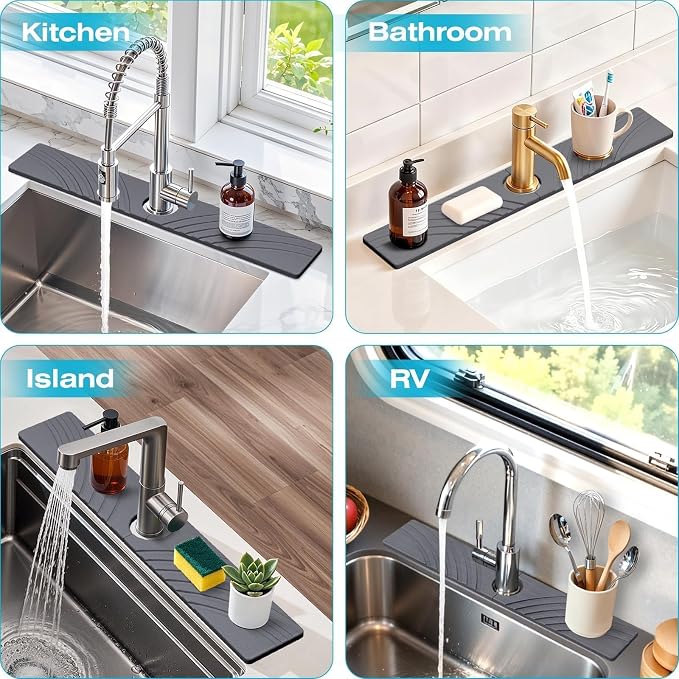SpaceHacks Stone Faucet Mat for Kitchen Sink 23.7x4 in, Dark Gray | Fast Drying Diatomite Stone Drying Mat, Water Splash Guard, Textured Drainage Sink Protector, Suits Bathroom&Kitchen Counter - Image 6