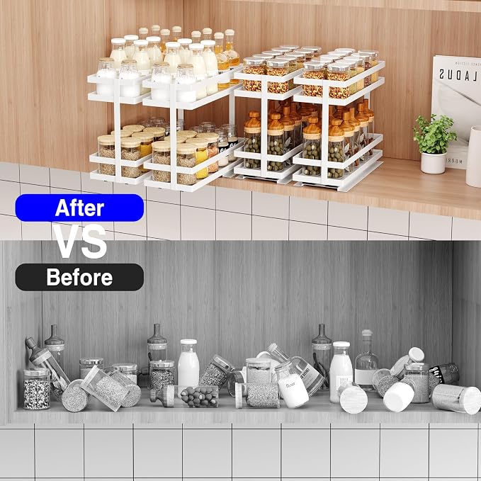 Mustorn 2 Pack Pull Out Spice Rack Organizer for Cabinet, 2 Tier Metal Slide Out Seasoning Organizer and Storage Heavy Duty Vertical Spice Rack Shelf Pullout for Kitchen Cabinets No Drilling (White) - Image 8
