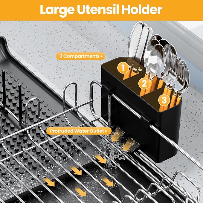 TOOLF Expandable Dish Drying Rack for Kitchen Counter, Black | Collapsible 16.7"-26.8", Stainless Steel Dish Dryer Rack Drainer for RV, Apartment, with Cutlery Holder, Fits for 3-4 People - Image 6