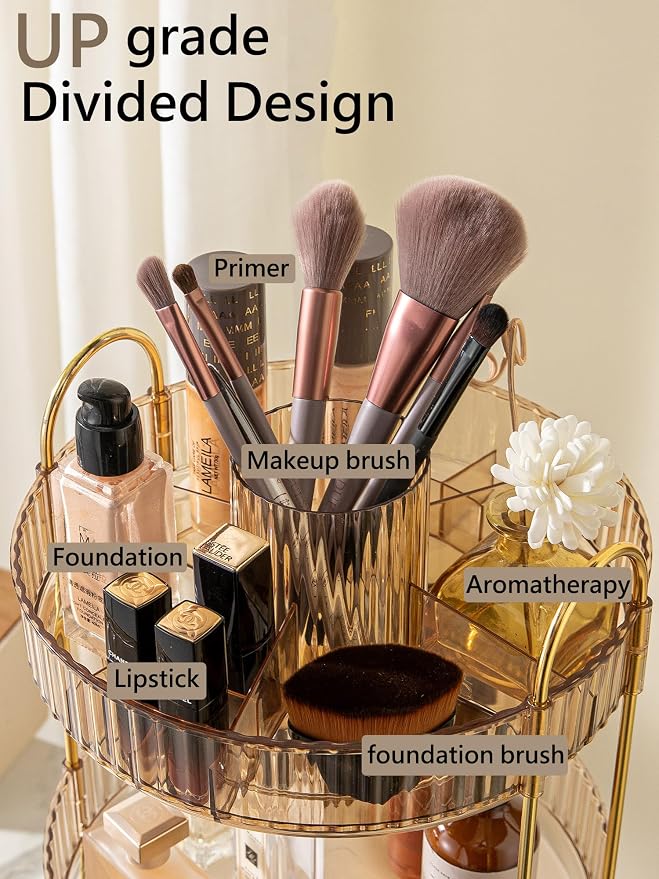 Asayuee 360 Rotating Makeup Organizer,3 Tier Large Capacity Make Up Organizers and Storage,Skincare Perfume Vanity Organizers,Bathroom Cosmetics Storage Organizer Countertop(Gold) - Image 2