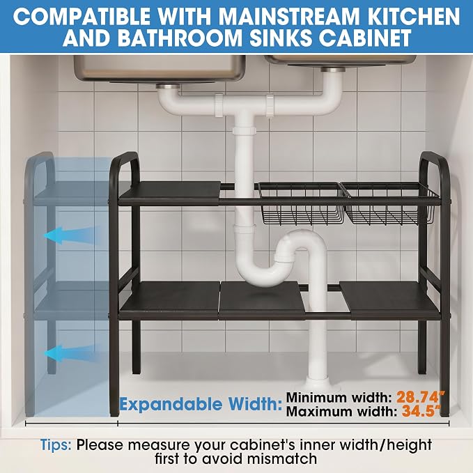 Expandable 2 Tier Under Sink Organizer, Black, 28.74-34.5 Inch Width | For Kitchen and Bathroom, 2 Storage Baskets, 6 Removable Panels, Adjustable Height Metal Shelf, Fits Pipes - Image 3