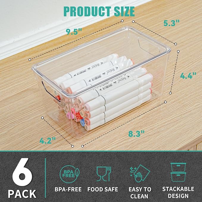 6 Pack Small Clear Storage Bins with Lids, Acrylic Arts and Craft Storage Containers, Stackable Clear Plastic Craft Storage Bins with Handles for Classroom Storage Organization,Kitchen, Fridge, Office - Image 2