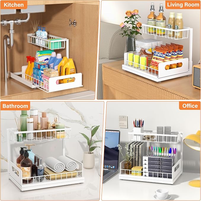 Under Sink Organizer 2 Tier, Pull Out Drawer Slides Under Sink Storage for Bathroom Kitchen,Multi-Purpose Drawer Under Cabinet Organizer for Cleaning Supplies (White, 1 Pack) - Image 6