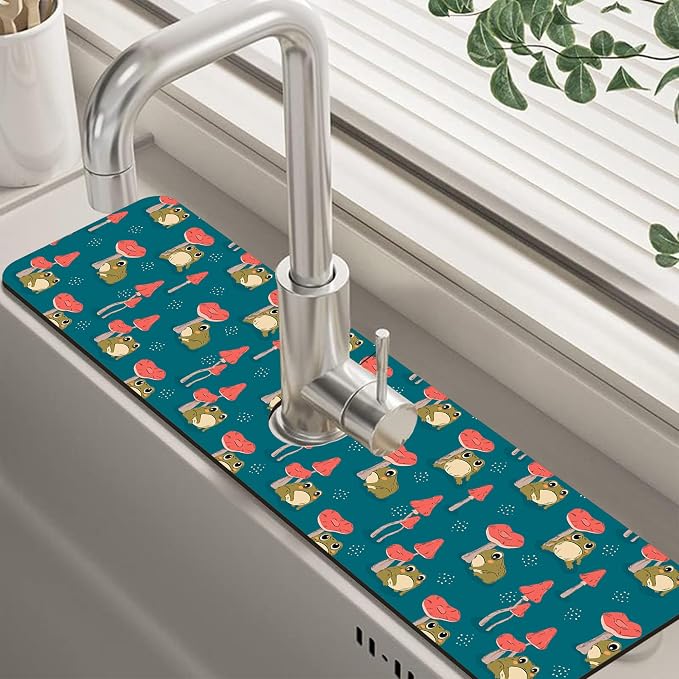 Cute Frog and Mushrooms Dish Drying Mat for Kitchen Sink Splash Guard Behind Faucet Sink Mat Absorbent Fast Drying Faucet Draining Mat for Bathroom Kitchen 5.5"×24" by Unknown