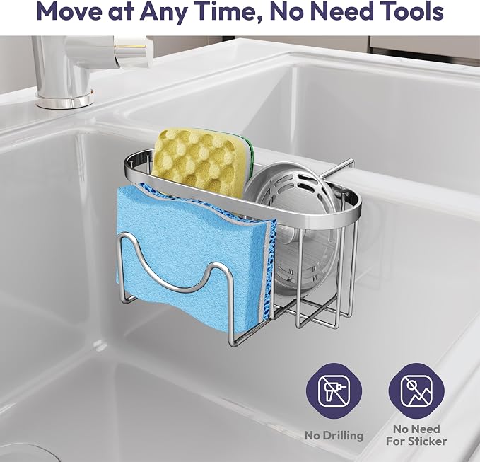 SWTYMIKI Sponge Holder for Kitchen Sink - Movable Kitchen Caddy with M Shape Hook, Stainless Steel Hanging Sponge Caddy for Sponges, Brush, Stopper Organizer in Double Bowl Sink, Silver - Image 6