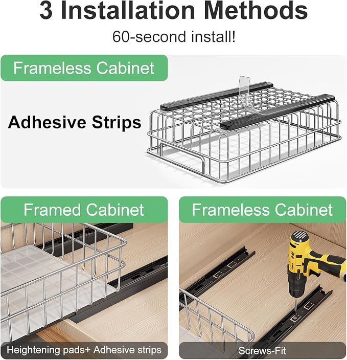 Pull out Cabinet Organizer, Stainless Steel 4-Pack Slide out Drawer with Silent Full-Extension Slides, Adhesive Roll out Can Spice Storage Basket Shelf Rack for Pantry, Kitchen, Bathroom, Home Closet - Image 8