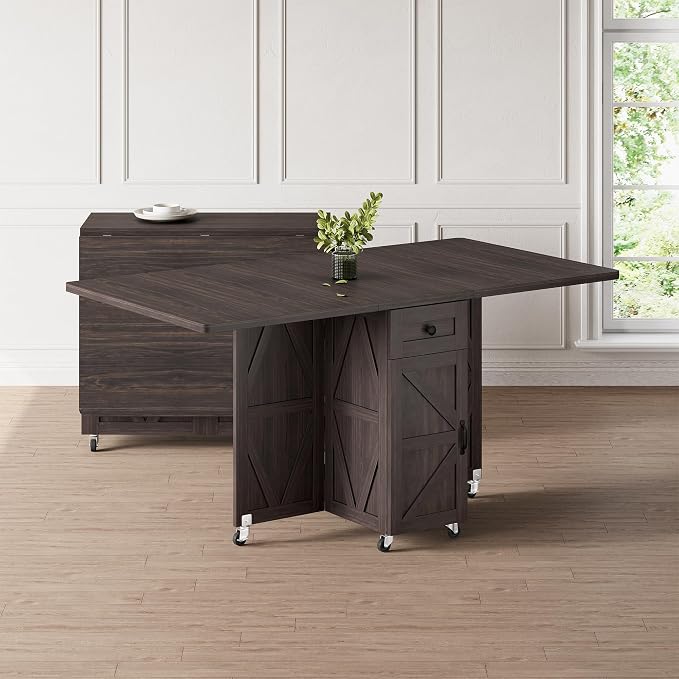 Jocoevol Folding Dining Table for Small Spaces, Space Saving Foldable Kitchen Table with Drawer & 2-Tier Storage Shelf, Rolling Expandable Dining Table with Wheels, Farmhouse, Dark Walnut - Image 9