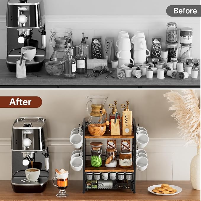 Plaviya Coffee Bar Organizer Coffee Station K Cup Holder for Countertop | 30 Coffee Pods Organizer, Mug Holder with 12 Hooks, 2 Drawers, Multifunctional, Kitchen, Dining Room, Office, Rustic Brown - Image 8