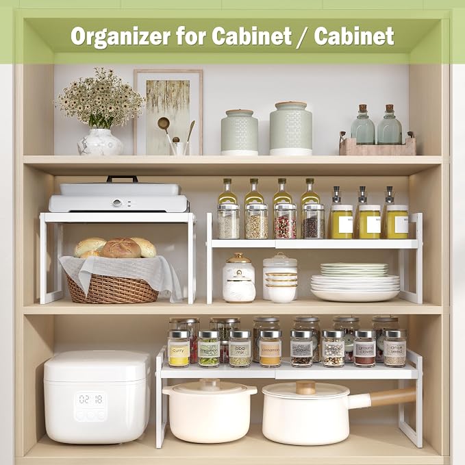 Expandable Cabinet Shelf Organizer, Stackable Kitchen Counter Shelf, White | Space Saving Metal Pantry Storage Racks for Kitchen Spice Rack Pans and Untensils Bathroom Office Organization, 2-Tier - Image 4