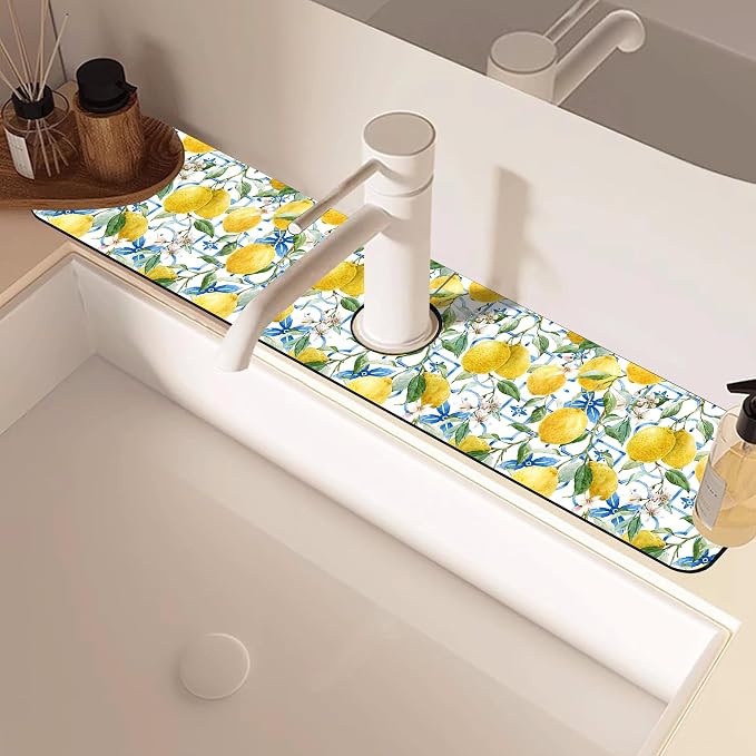 Faucet Mat for Kitchen Sink Watercolor Lemon Blue Geometric Sink Splash Guard Behind Faucet Soft Diatom Mud Material Non-slip Easy to Clean for Bathroom & Kitchen 24"X5.5" - Image 5