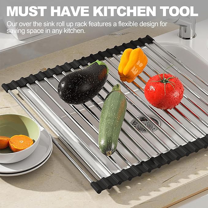NEZUIBAN Dish Drying Rack with Roll Up and Over Sink for Kitchen,17.5"x15.7",Black - Image 2