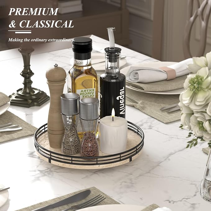 AMH 10-Inch Italian Travertine Lazy Susan with Black Metal Frame | Smooth rotating oak tray with walnut finish for dining tables, kitchen counters, pantries and cabinet storage. - Image 3