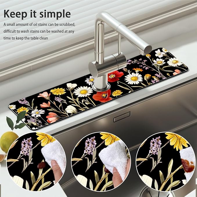 Bimkole 2 PCS Faucet Absorbent Mat, Kitchen Faucet Sink Splash Guard Wraparound Cloth Pads Drip Catcher for Sink Faucet for Kitchen Bathroom Faucet, Colorful Faucet Mat, 15 x 4 Inch Flower A1 - Image 5