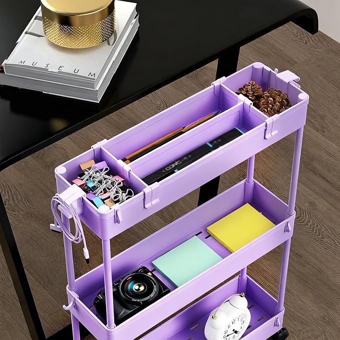 Slim Storage Cart 3 Tier,Bathroom Organizer Rolling Utility,Mobile Shelving Unit Slide Out for Office, Kitchen, Laundry Room & Narrow Places,Purple - Image 5