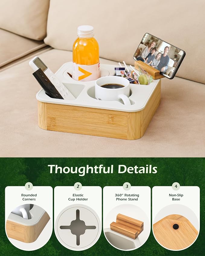 Couch Cup Holder Tray, Bamboo Couch Caddy with Rotatable Phone Holder for Bed Organizer, Waterproof Anti-spill Sofa Cup Holder for Snacks Beverage Remote Grey - Image 2