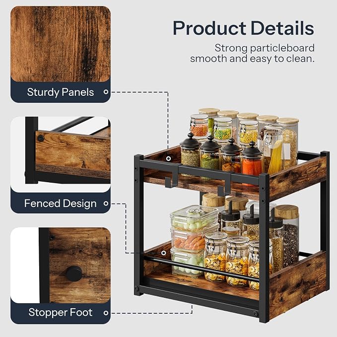 HOOBRO Kitchen Countertop Organizer, Corner Shelf Organizer, 2-Tier Spice Rack with Pull-Out Shelf and Hooks, for Kitchen, Office, Study, Bedroom, Living Room, Rustic Brown and Black BF08TL01 - Image 9