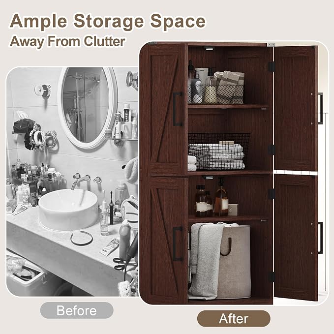 Treocho Farmhouse Bathroom Floor Cabinet with Adjustable Shelves | 13.78"D x 23.62"W x 43.46"H, Freestanding Kitchen Pantry Cabinet, Cupboard for Living Room, Dining Room, Walnut - Image 4