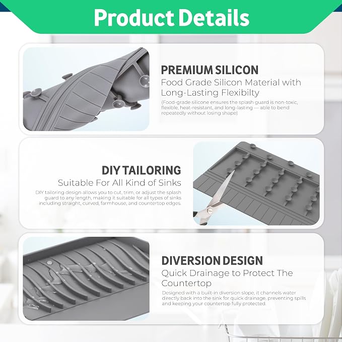 Silicone Sink Edge Protector and Splash Guard with Matching Drain Strainer, 24 Inch Countertop Chip Guard for Kitchen and Bathroom, 62 Suction Cups, Heat Resistant to 446°F, Gray - Image 2